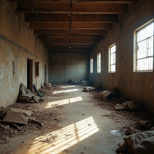 Abandoned old warehouse used in the original Doom game filming. The interior shows signs of wear and tear. Set is built with cardboard and plywood. The scene captures daylight pouring through the windows. Primitive monster costumes are scattered around. The atmosphere conveys a mundane feeling. No people are present. Taken with a smartphone.