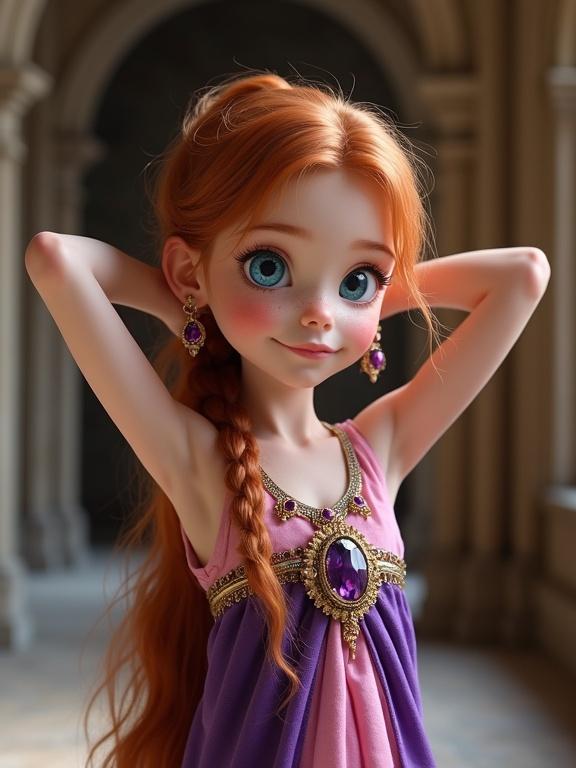 Photorealistic image of a cute tween girl in a colorful sleeveless dress. She has long auburn hair styled in a ponytail. The setting is an ornate monastery. Girl has a pleasant expression with freckles and vibrant blue eyes.
