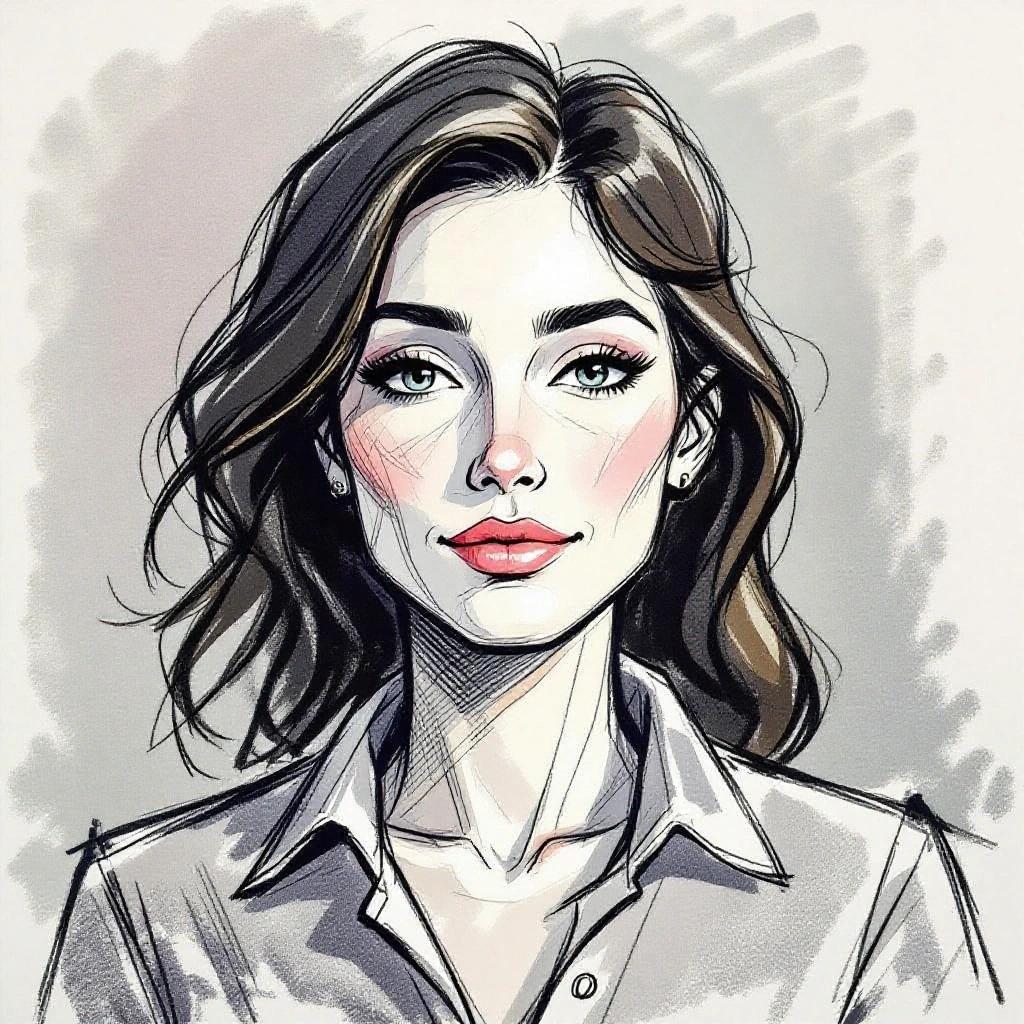 A sketch of a woman with soft features and a confident expression. She has medium-length wavy hair and wears a collared shirt. The background is light with shaded elements.