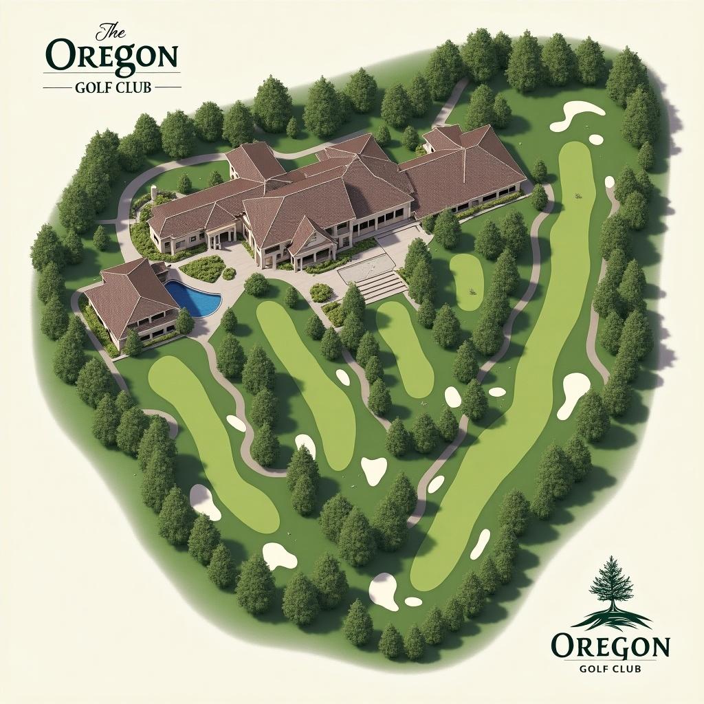 2D vector illustration of The Oregon Golf Club. High-quality design showing clubhouse, lounge, pro shop. Detailed 18-hole golf course. Features fairways, greens, sand bunkers, water. Spacious areas with organized space in a neutral color palette.