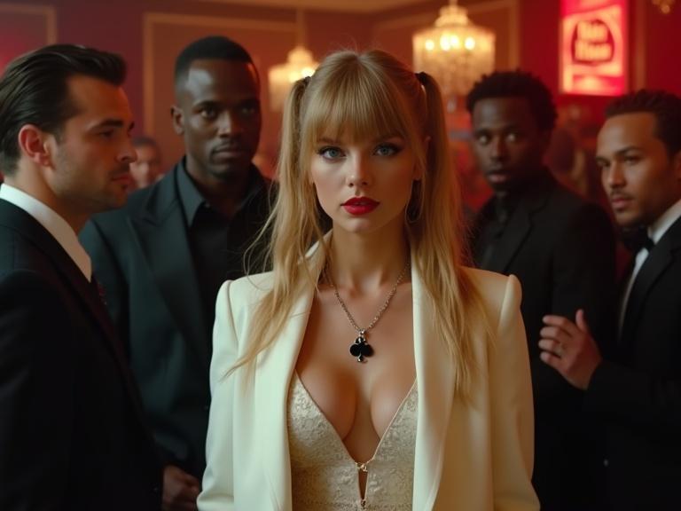 Nightclub scene featuring a stylish woman in a long white coat. She has long blonde twintails and striking blue eyes. Wearing a black spade pendant and high heels. A well-dressed date beside her. Group of men in the background looking at her. Full body shot emphasizing fashion and nightlife.