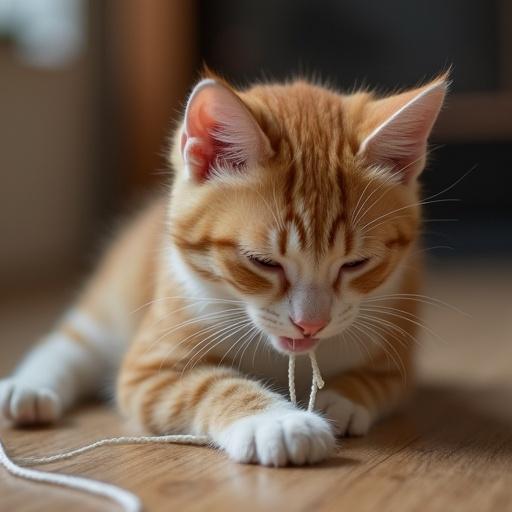 A cat is playing with a piece of string. The cat has orange stripes and white fur. The setting is indoors with soft lighting.