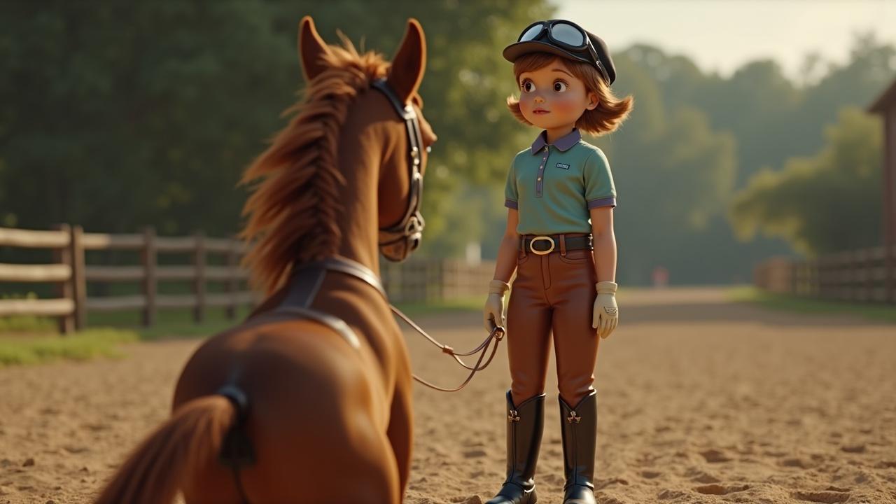 an animated young girl in equestrian gear holding a horse's reins, standing in an outdoor riding arena