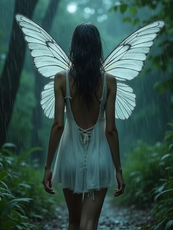Woman with butterfly wings walking in a lush forest. Rain is pouring down. She's in a white dress. Hair and clothes are wet. Expression shows fear.