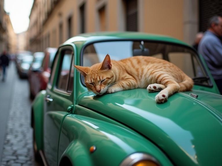 Street photography features a cat sleeping on a green car in Rome. The scene captures a serene moment of a ginger cat resting peacefully. The vintage car offers a charming backdrop with iconic Roman architecture.