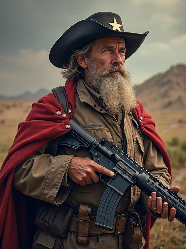 A rugged man stands in a vast landscape wearing a cowboy hat and red cloak. He has a gun slung over his shoulder and is in a posture ready for action. The background features mountains and a cloudy sky. The scene conveys strength and determination.