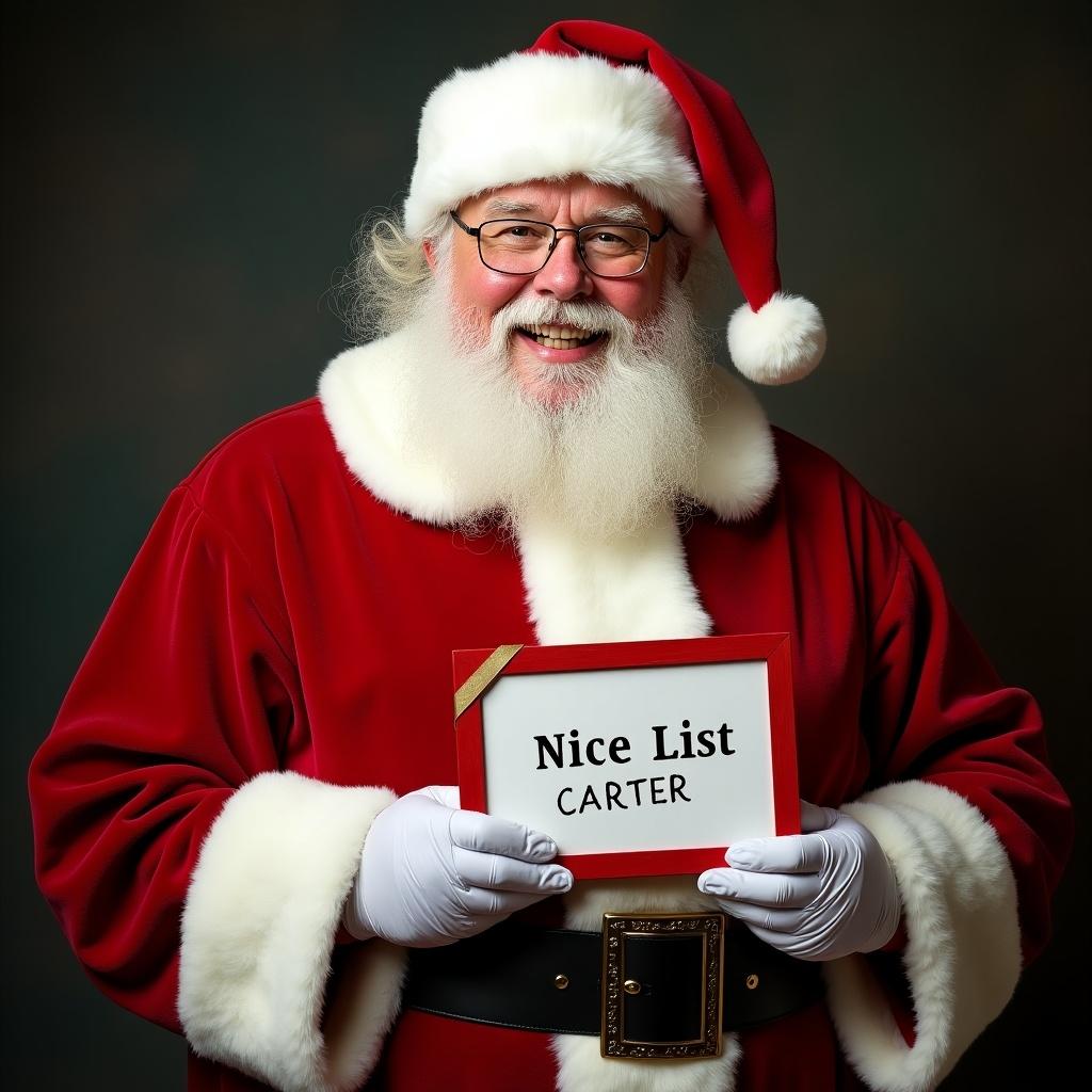 Santa Claus holding a festive Nice List plaque. The plaque is for CARTER. A joyful atmosphere associated with Christmas.