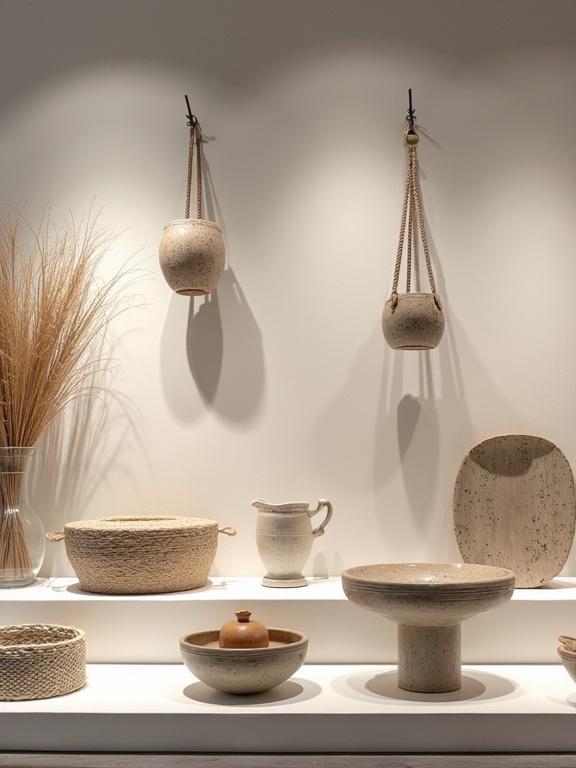 Display of six products arranged on a shelf. Beach design style inspired by Mykonos. Neutral color palette with decorative pottery and bowls. Soft ambient lighting enhances textures.