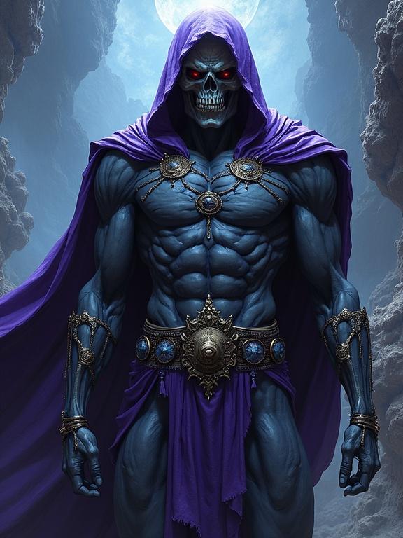 Skeletor depicted as a powerful muscular character. Dark fantasy theme with an intense expression. Background features a mystical atmosphere with a glowing moon.