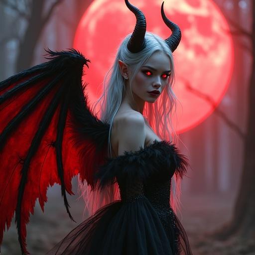A petite devil girl with flawless pale skin and glowing red eyes. Long silver hair and elegant black horns visible. Wears a gothic dress of black and crimson. Dark feathered wings and a smirk on her lips. Surrounded by a faint red magical aura in a misty forest with a full moon background. Hyper-realistic and highly detailed.