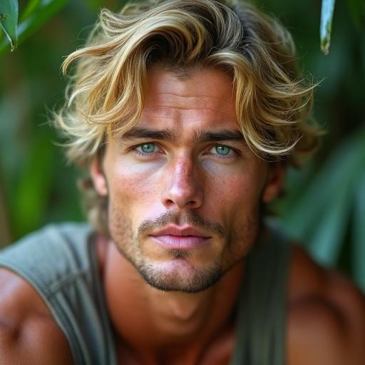 Professional medium close up image of handsome muscular adventurer outdoors. Tousled blonde hair and bright blue eyes. Soft diffused lighting. Foliage blurred background. Relaxed expression with hint of smile.