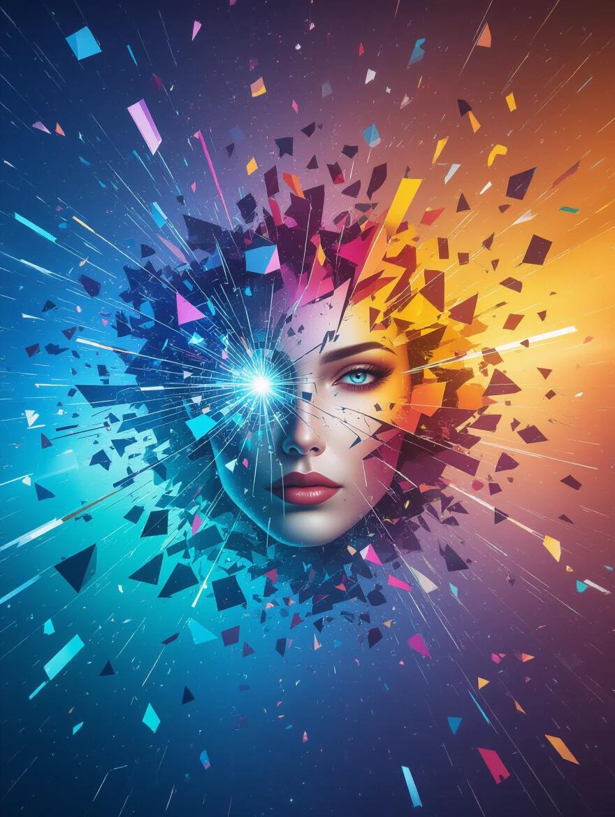 Abstract explosion of rainbow-colored pixels and shattered glass. Electric energy radiates from the center. High contrast creates a visually striking background.