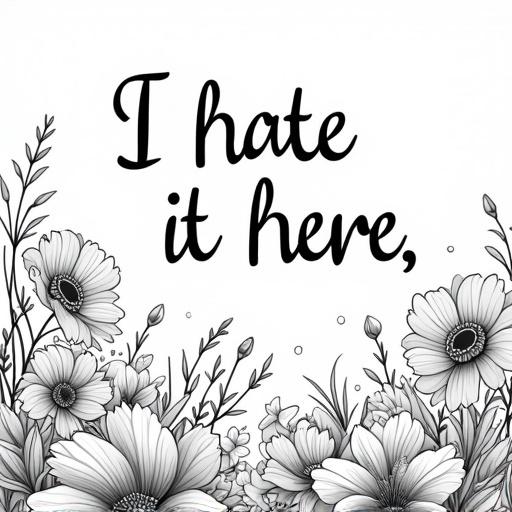 Black and white coloring page featuring various flowers with the text 'I hate it here' prominently displayed. The design is intricate and suitable for detailed coloring.