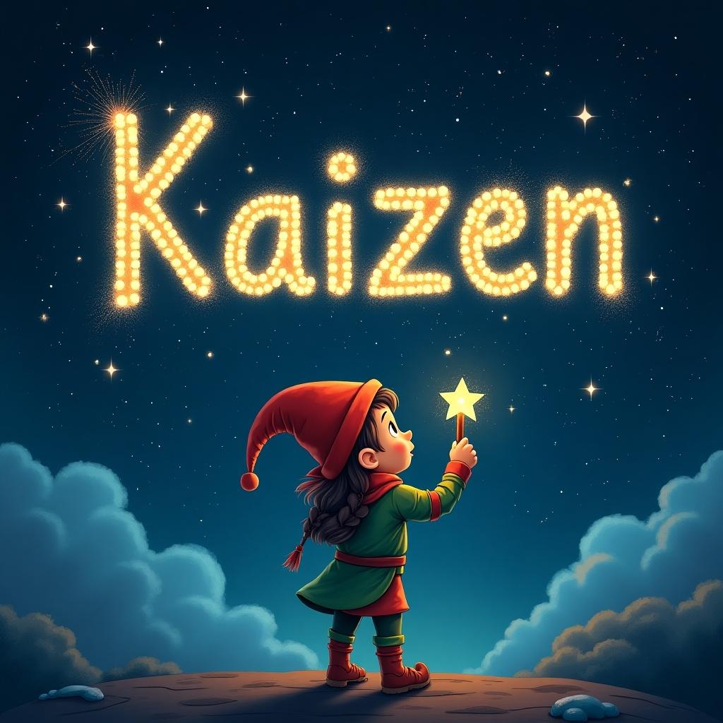 An elf writes the name Kaizen in sparkling letters against a starry night. Dark clouds enhance the luminous text. The elf wears colorful clothing. Twinkling stars add whimsy.