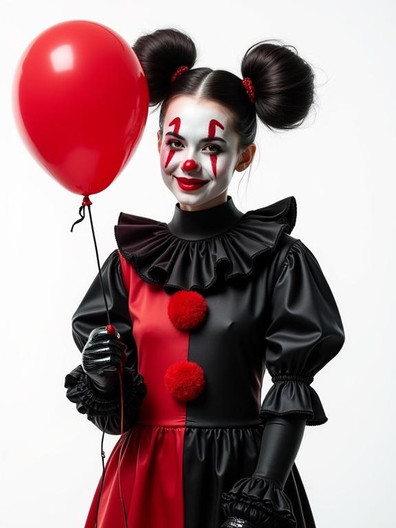 A young slim petite female dressed as a clown. The clown suit is shiny black, white, and red with baggy sleeves. She has a clown face painted in white, black, and red, and is holding a red balloon. Her hair is styled in short dark slick round pigtails with balls. The background is white. Details, shadows, and textures are clear. High-resolution image.