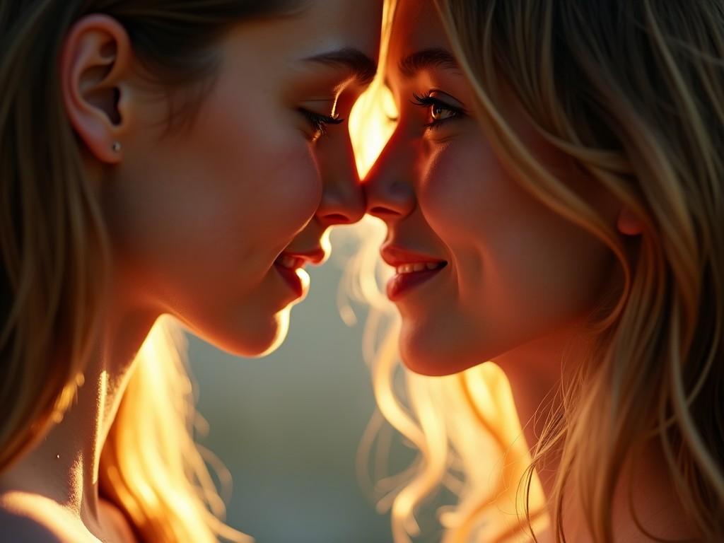 The image captures a tender moment between two young women as they lean in closer, their noses almost touching. The warm lighting wraps around their faces, enhancing their features and creating an intimate atmosphere. One woman has an upturned nose while the other has a medium-sized nose, showcasing their unique beauty. Their expressions are joyful and playful, conveying a sense of connection. The background is softly blurred, allowing the focus to remain on the warmth and love shared in this moment.