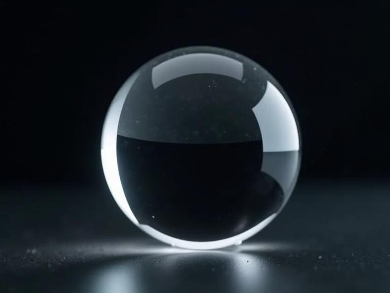 A crystal clear glass ball placed on a dark background.