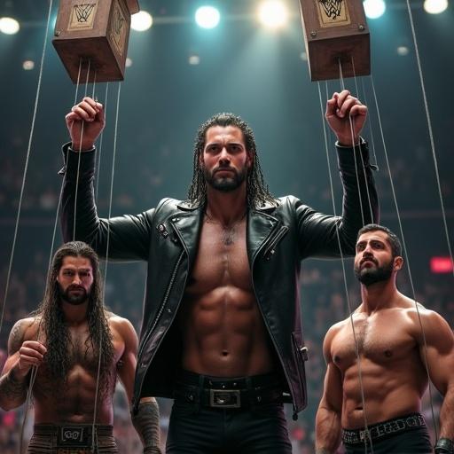 A dramatic digital painting depicting a wrestling scene. Seth Rollins is in the middle, smiling confidently, wearing a leather jacket. He controls Roman Reigns, CM Punk, and Sami Zayn with strings like marionettes. Roman looks furious, CM Punk is shocked, and Sami Zayn appears distressed. The setting is a wrestling ring with cheering fans and spotlights.