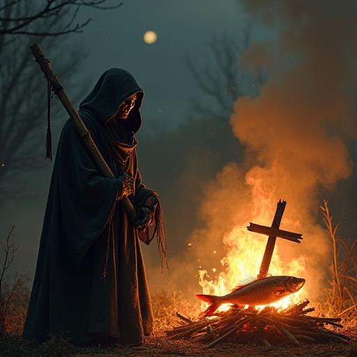 On a dark night, a fish roast over fire. The Grim Reaper appears in smoke, appearing terrified. In front of the fire, a fat cat with short arms holds a cross boldly. The cat speaks in Chinese: 'Want to eat my fish? Ask the cross first, meow~'