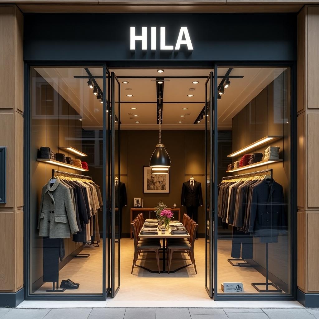 Generate a front store featuring the name 'HILA'. Focus on men fashion. Display clothing items elegantly. Show a welcoming entrance.