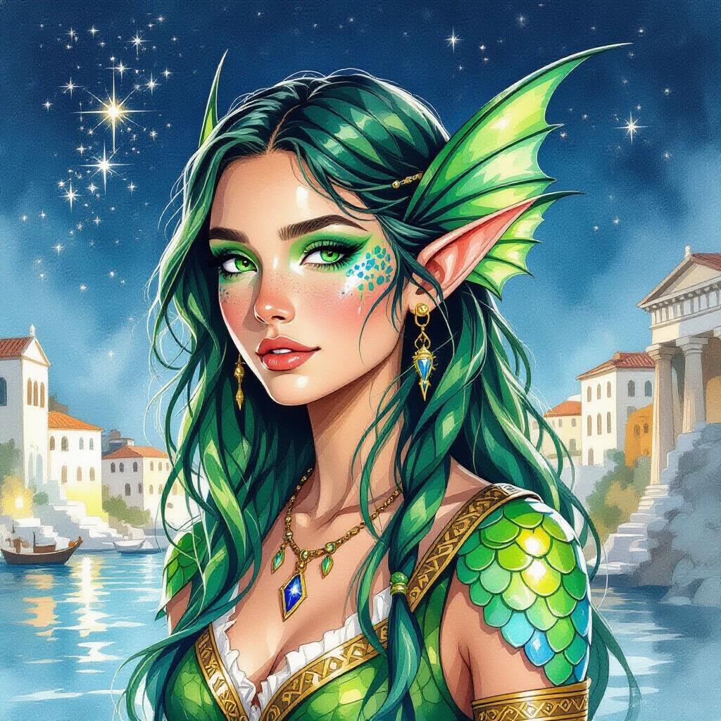 Dark watercolor illustration showing a triton fish-person female from a Grecian port city. She has sharp finned ears and green-blue scaled skin. The character is wielding magic with a black stone that casts constellations when light shines through. Dressed in ancient Greek fantasy clothing, she has long slick-backed hair. The background features a mystical water scene under a starlit sky.