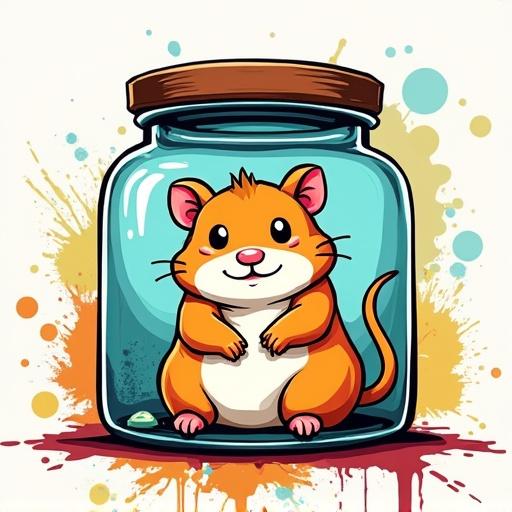 Cartoon image of a hamster in a jar. Bright paint splatter background with high saturation in cyan, magenta, yellow and black. Bold outlines. Highly artistic style.