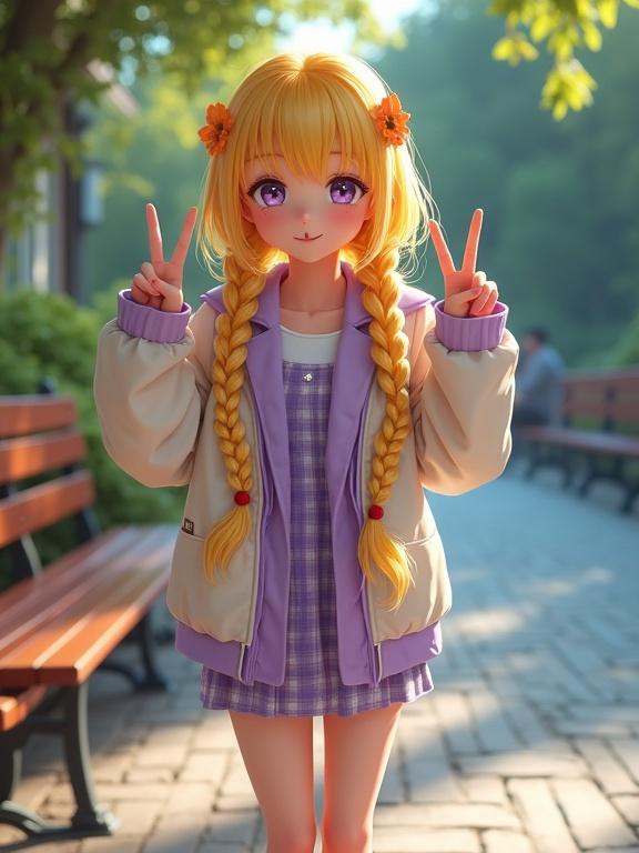 A girl stands in a bright and young outfit with braided yellow hair. She shows peace signs while posing. The background features a romantic cafe in a park setting. Warm sunlight shines through the trees illuminating her outfit. She wears a short plaid dress and orange sneakers with white socks. The image captures a lively outdoor atmosphere.