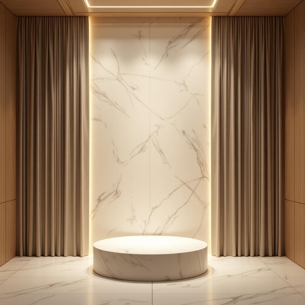 This image showcases an elegant background wall designed for a second room behind a speaking podium. The wall features a smooth marble finish that adds sophistication. Soft curtains frame the space, enhancing its warmth. Subtle, ambient lighting creates an inviting atmosphere. This design is perfect for events or presentations, providing a striking visual backdrop.