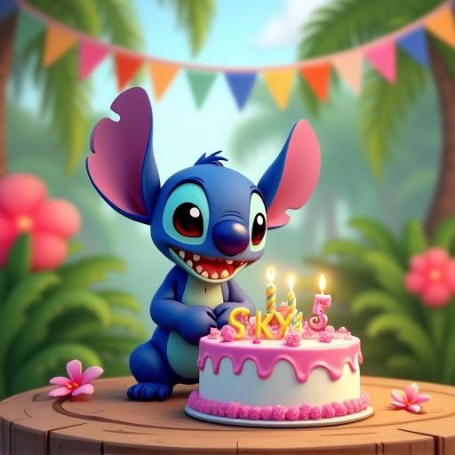 Stitch character celebrates a birthday with a cake. The cake has Skye's name and five candles. The background includes a tropical park with flowers and flags.