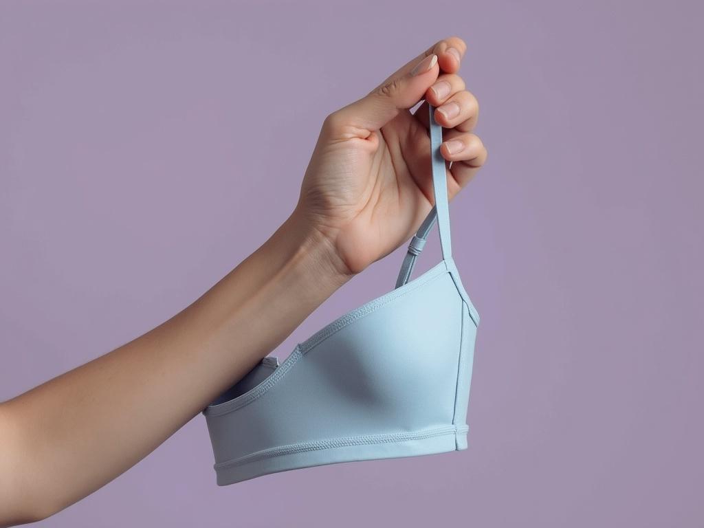Describe this image with key visual elements that could recreate it. If it's a portrait, first describe gender, ethnicity, hair color and skin tone. For any image, describe the main subject, composition, lighting, and notable details in a concise, natural sentence. The image features a hand gripping a bra; please replicate this image but change the background colour to a soft lavender and the bra colour to a light blue.