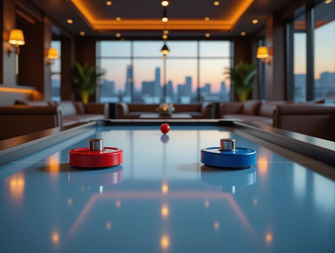 Air hockey table is centered in the frame. Red and blue strikers positioned on either side. Puck sits in the middle ready to play. Glossy surface reflects warm lights above. Background features a luxury game room. Cozy sofas a wooden floor and elegant lighting are visible. Expansive windows reveal a city skyline at dusk. Clean and organized layout adds to the premium feel.