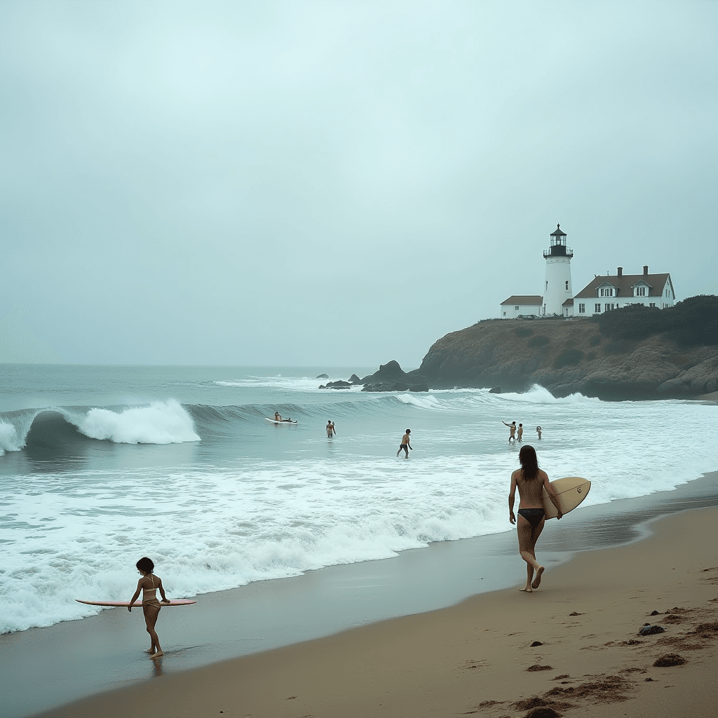 People enjoy surfing at a beach with a lighthouse in the background on a cloudy day.