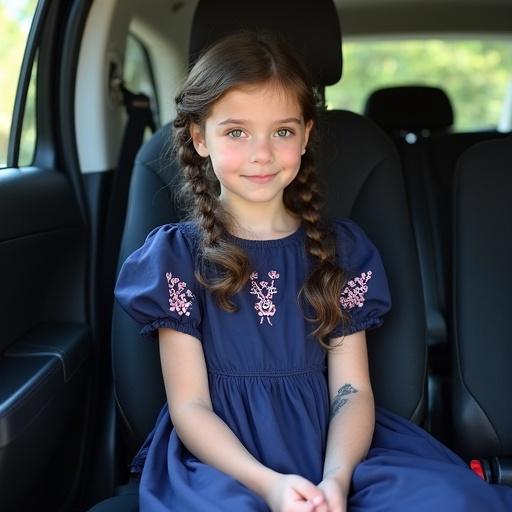 Photo of a twelve-year-old girl with dark hair and braids. Wearing a dark blue dress with pink patterns. Seated in a child seat with a 5-point harness. Violet sandals. Appears cheerful and confident.