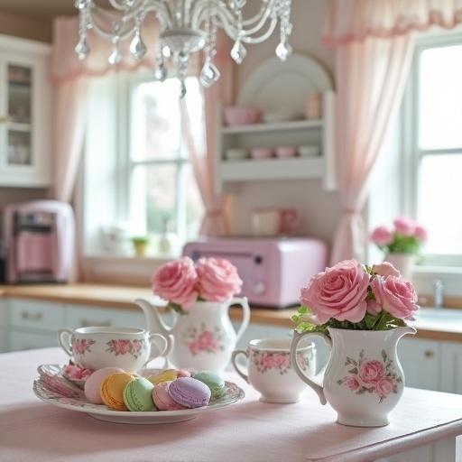 Light pink and white shabby chic kitchen with a crystal chandelier and light pink roses in white teapots. A light pink rose print tea set is on top of white cabinets. Counter has a light pink toaster, microwave, and coffee maker. A plate of pastel pink, lavender, pale yellow, and mint green macarons is present.