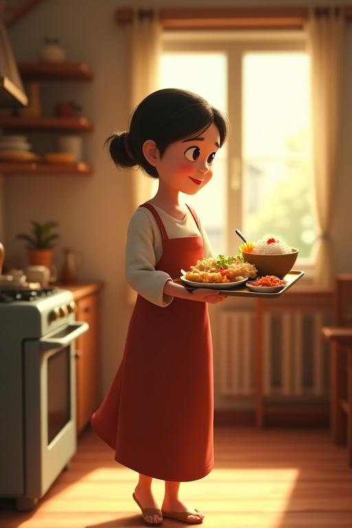 A kind mother in simple clothes carries a tray of warm food from the kitchen to the dining room. She has a gentle smile. The tray includes soup, rice, and Indonesian side dishes. The background features a modest Indonesian family home with warm natural light.