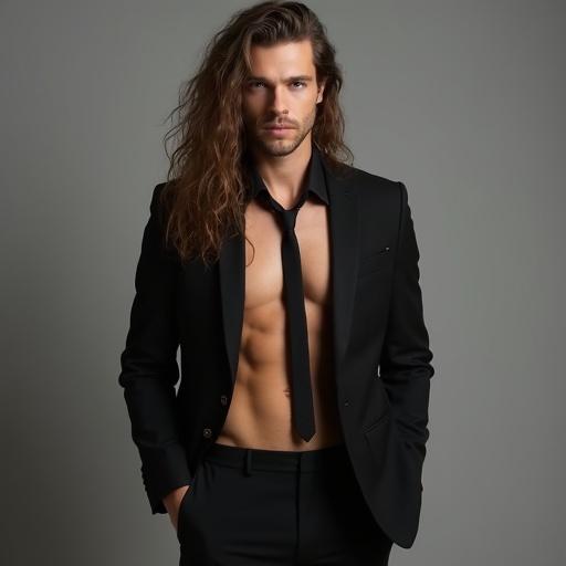 Fit man with extremely long hair wearing a stylish black suit and tie. He has visible abs and a sophisticated appearance. The suit is fully buttoned and cropped at the waist.