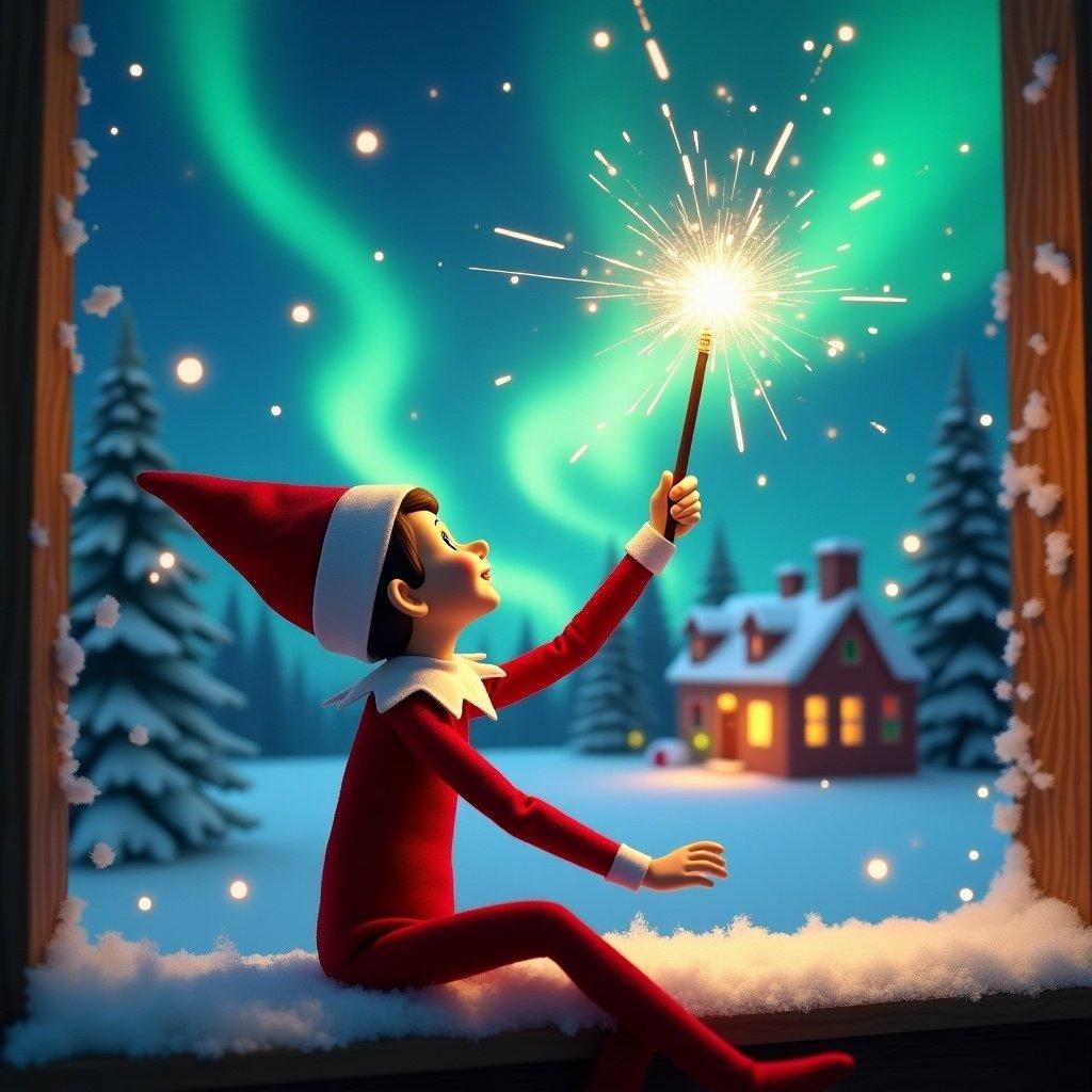 Elf on the Shelf looks up while sitting on a window sill. The elf holds a sparkling wand. Background features northern lights and a cozy, decorated house. Snow covers the ground. Creates a magical holiday vibe.