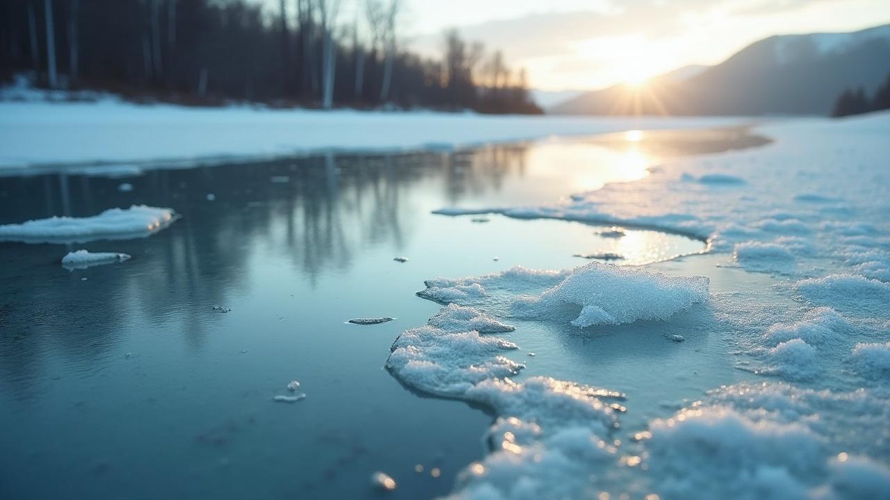 This image captures a serene winter scene featuring a cold river surrounded by thin ice. The focus is on the ice surface, showcasing rich details like melting patches and water reflections. Soft natural light envelops the scene, casting a warm glow from the setting sun in the background. The overall aesthetic resembles a cinematic lens effect, emphasizing the beauty of nature in winter. This tranquil setting evokes a sense of calm and wonder at the natural world.