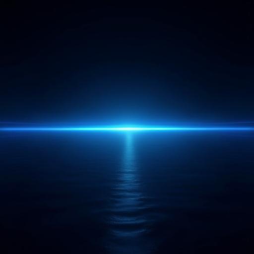 Dark endless background with vivid horizontal lens flare glowing in neon hues of cyan and ultramarine. The flare emits sharp streaks, soft bloom, and subtle chromatic aberration, creating a sci-fi atmosphere. Reflections ripple faintly along an invisible horizon. Captured with HDR lighting and perfect contrast.