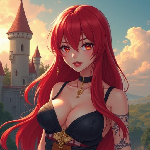 Anime style character with long red hair, wearing a revealing outfit. Background includes a fantasy castle among a colorful sky. Character appears confident and enchanting.