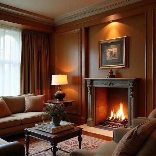 Interior of the presidential suite at the Four Seasons hotel in Moscow featuring a lit fireplace. Elegant furnishings with warm tones and a cozy atmosphere.