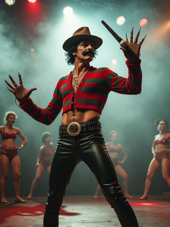 A hyper-realistic photographic caricature of a mashup of Freddie Mercury and Freddy Krueger. A glam-rock slasher with a burn-scarred face and a handlebar mustache is wearing a red and green striped crop top sweater. He poses dramatically on a foggy stage. The outfit includes skintight leather pants and a studded belt. He holds a glittery microphone and wears an oversized razor-blade glove. A brown fedora sits at a jaunty angle. Fog machines blast behind him as backup dancers cheer. Lighting mixes horror shadows and disco lights. The style is parody, cartoonish, and absurd.