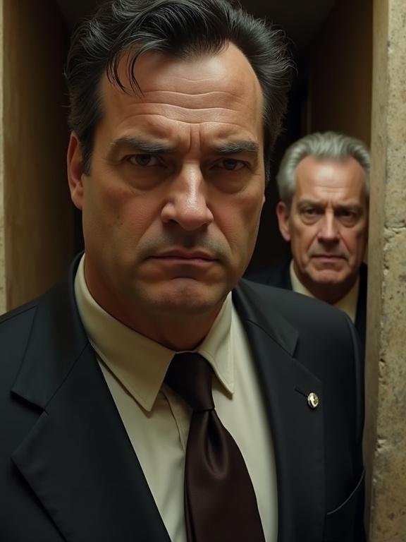 Photorealistic image of two men in a narrow corridor. One man is large with tan skin and greased black hair, dressed in smart clothing. He has a square face and a menacing stare. The second man is middle-aged with a thin face and stands behind the larger man, also staring menacingly. The shot is taken from a low angle.