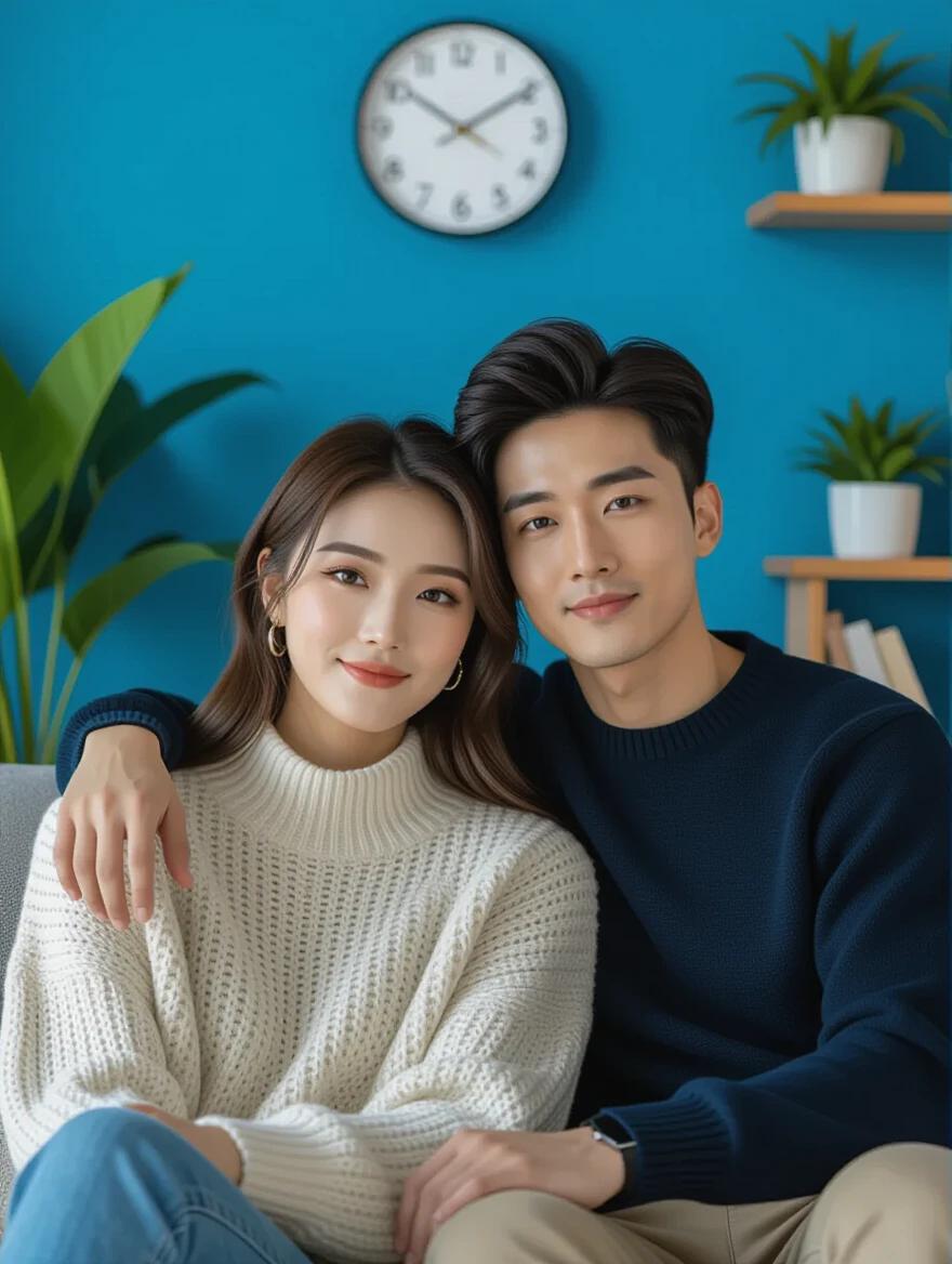 High-detail image of a young Asian couple relaxing together at home. Woman in a cozy sweater. Man dressed in modern Korean fashion. They are seated on a sofa in a blue room. Background features indoor plants and modern decor. Timepiece visible on the wall. Emphasis on warmth and togetherness.