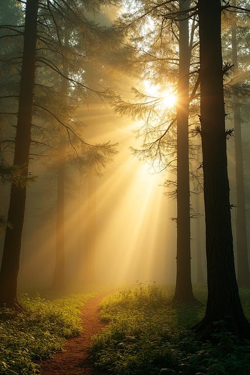 Forest bathed in soft morning sunlight. Warm golden rays filtering through tall trees. Gentle mist on the forest floor. Serene and peaceful atmosphere.