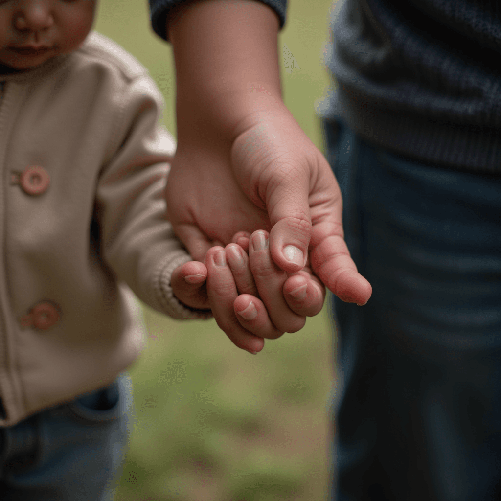 A child and an adult are holding hands, symbolizing care and connection.