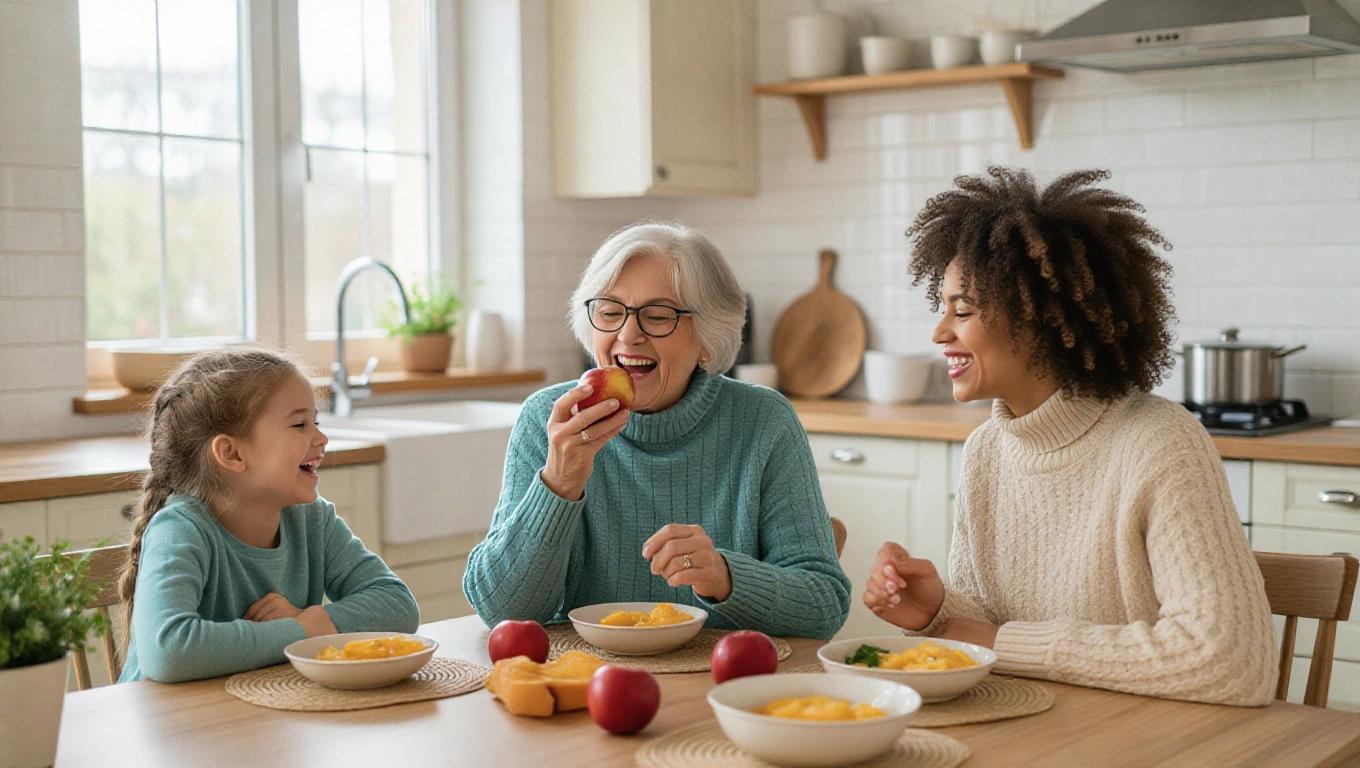 Cozy kitchen with natural light. Cheerful grandmother enjoying a red apple. Daughter and grandchild laughing together. Table filled with healthy food, highlighting connection and love.
