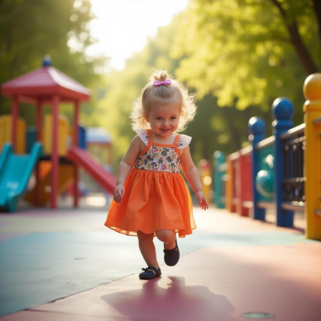 A toddler girl in an outdoor playground. She wears a bright, colorful dress. The playground has various play structures in vibrant colors. Sunlight filters through the trees. The setting is cheerful and inviting.