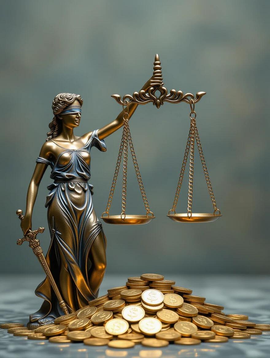 Cinematic scene of a figure representing corruption. Figure holds unbalanced scale. One side weighed down with gold coins. Other side is empty, raised high. Illustrates triumph of greed over fairness.