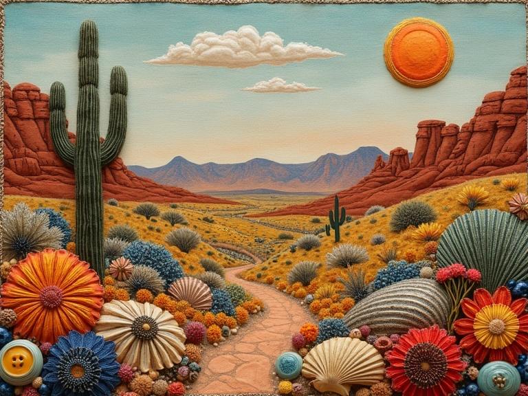 Mixed media artwork of a primitive desertscape quilt. Textile art features dried flowers, buttons, shells, and vibrant threads. Earthy oil tones display fauvist expressionism.